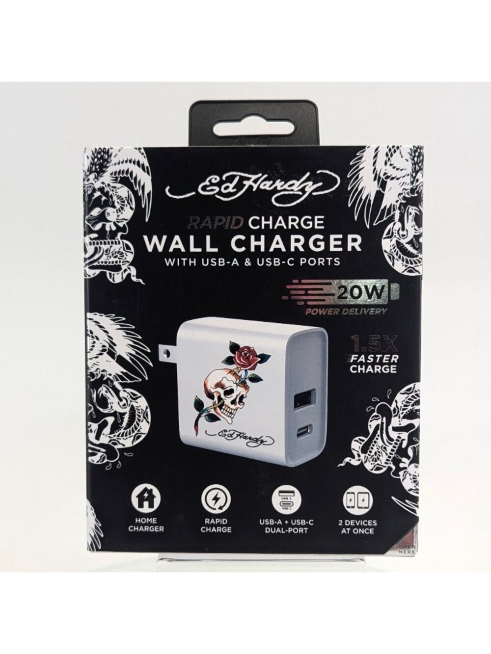Ed Hardy Rapid Phone Wall Charger White Skull Flower USB-A & C Ports NIB